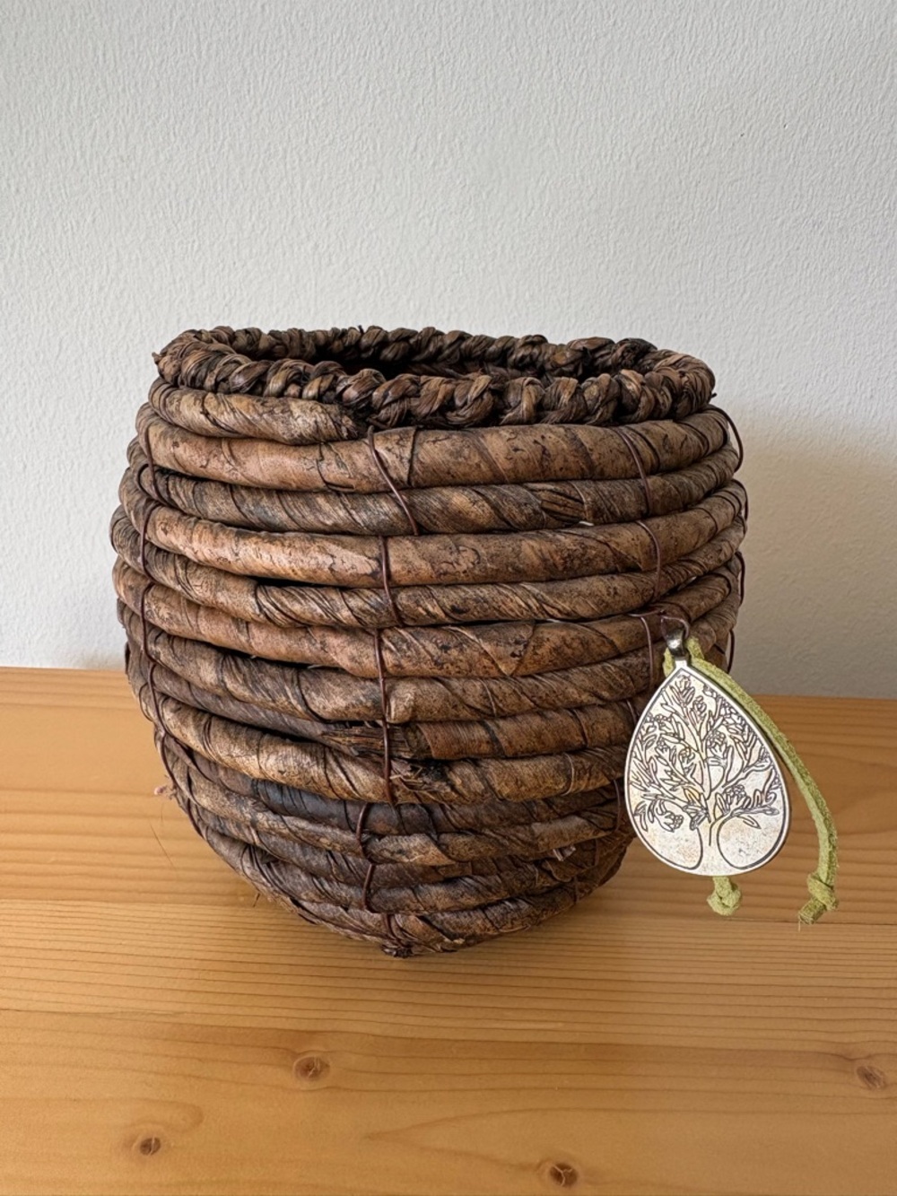 Artisan Banana Leaf Woven Basket with Tree of Life Charm